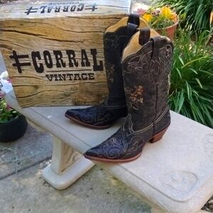 CORRAL C2108 black distressed snip toe cowgirl boots exotic lizard inlay sz 9.5